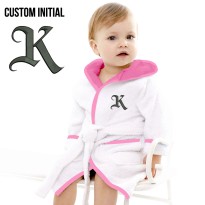 Baby and Toddler Custom Initial Design Embroidered Hooded Bathrobe in Contrast Color 100% Cotton